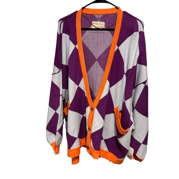 Free People Dahlia Combo Manny Purple and Orange Geometric Cardigan Sz M NWOT - Picture 1 of 6